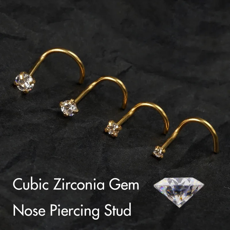 Gold Color Nose Stud with Cubic Zirconia Crystal - Body Piercing Jewelry