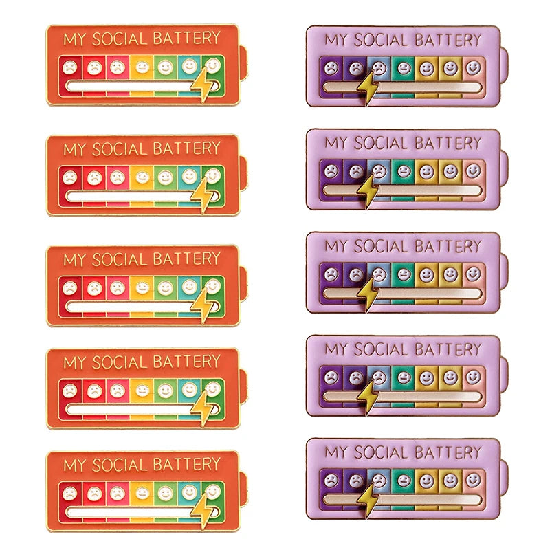 10-Pack Social Battery Badge Pins Mood Expression Brooches for Women & Men
