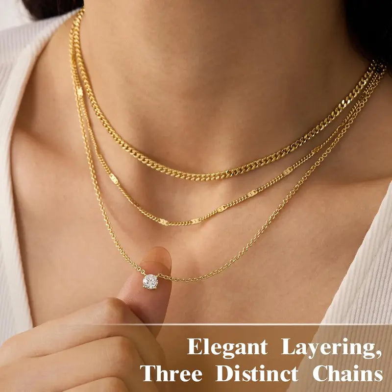 Women Layered 14K Gold Necklace Set with Cubic Zirconia Pendant - Dainty & Stackable