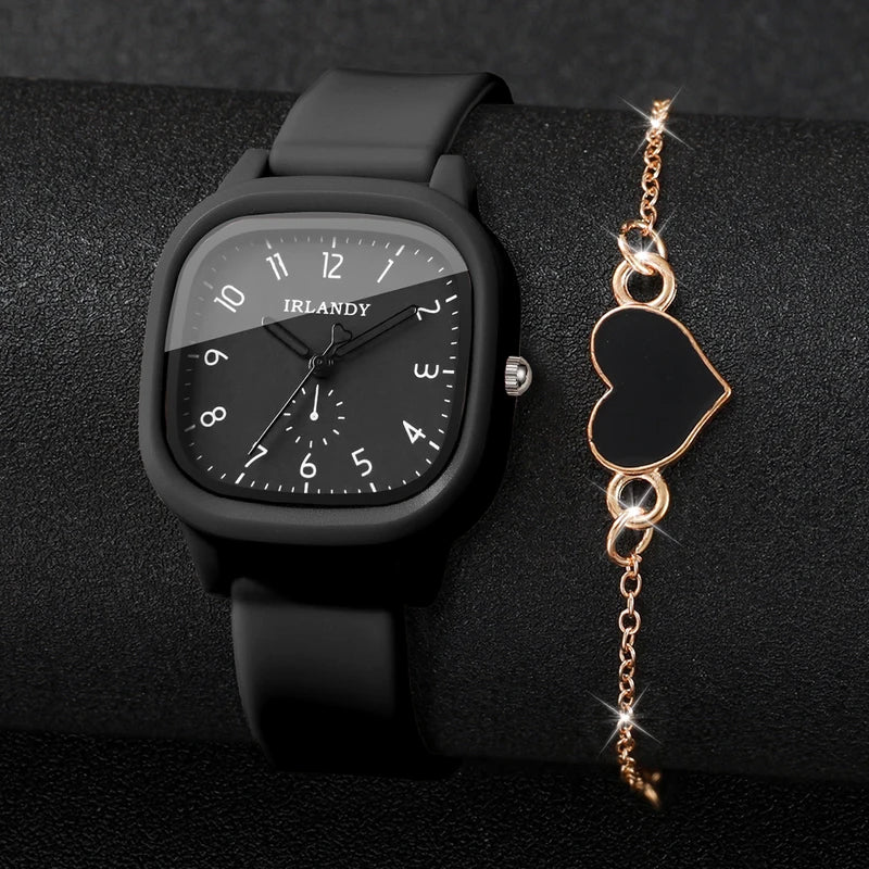 Fashion Square Women Quartz Watch with Heart Bracelet Set Silicone Strap, Arabic Dial