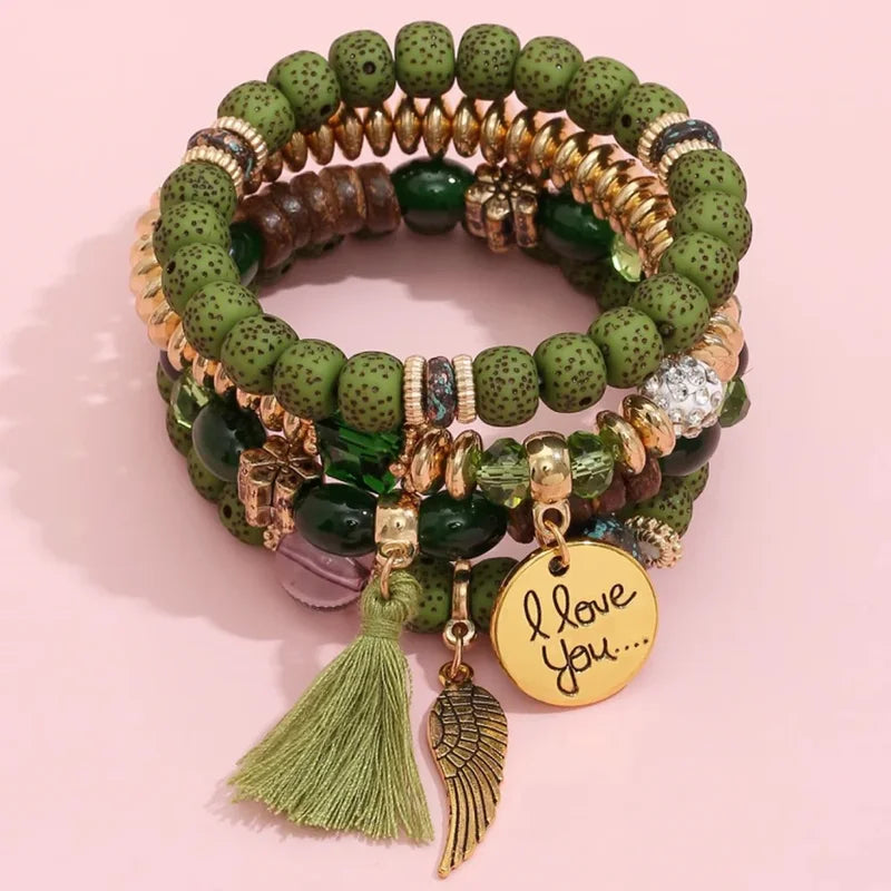 Bohemian Beaded Bracelet Set for Women with Letter, Wing, Tassel Charms, Elastic Chain Bangles, Boho Jewelry