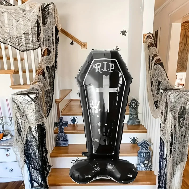 Black Coffin Balloon Halloween Party Decoration Cross Pattern Aluminum Film Balloon Indoor Outdoor
