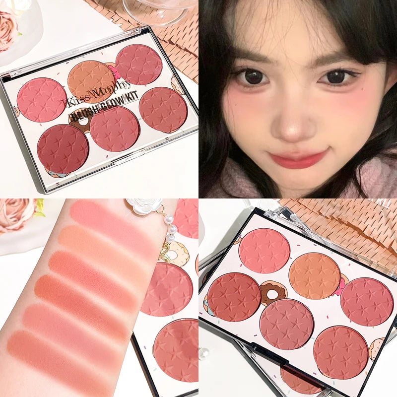 Six-Color Blush Palette for Natural Makeup - Waterproof & Matte Finish