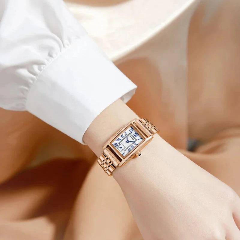 Women’s Elegant Rectangle Dial Quartz Wristwatch Waterproof Steel Leather Band