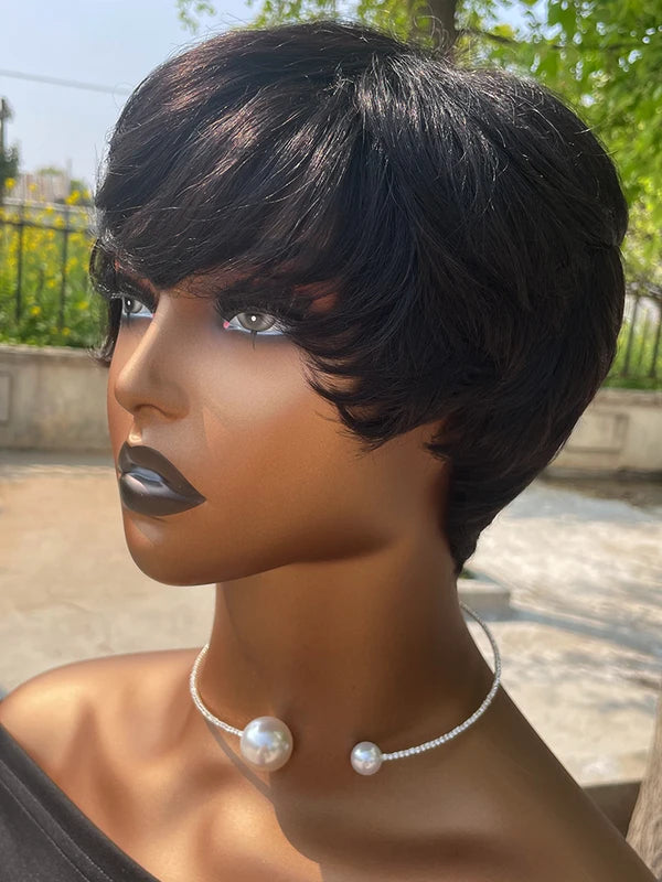 Human Hair Wigs Short Pixie Cut with Bangs for Black Women - Machine Made Natural Look