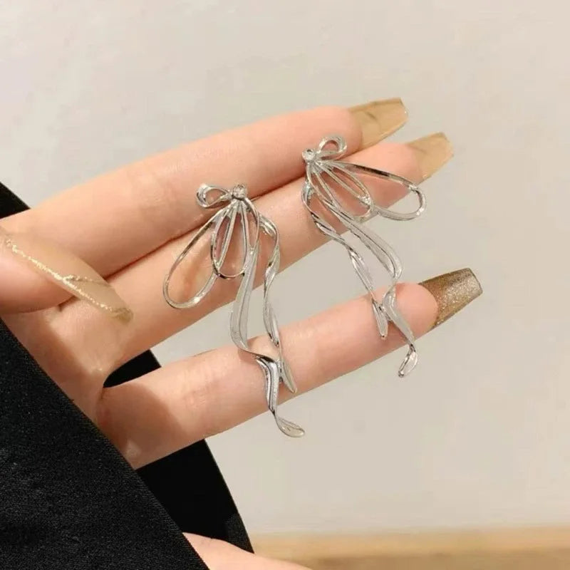 Korean Irregular Bowknot Drop Earrings - Silver Color Metal Line Big Long Jewelry for Women