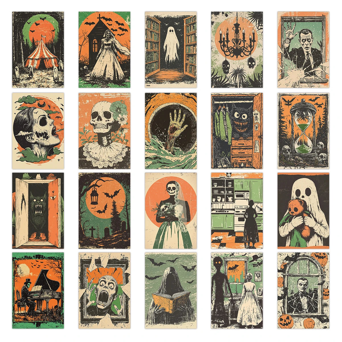 20pcs Spooky Skeletons Halloween Postcards Wall Art Decorations Gift Set