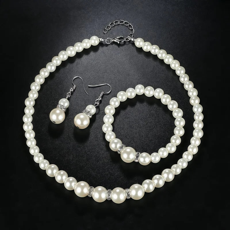 Imitation Pearl Fireball Jewelry Set with Necklace Bracelet Earrings - Silver or Gold Color