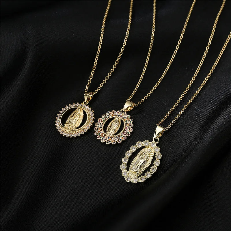 Stainless Steel Virgin Mary Necklace with CZ Stone - Gold Color Pendant for Men Women