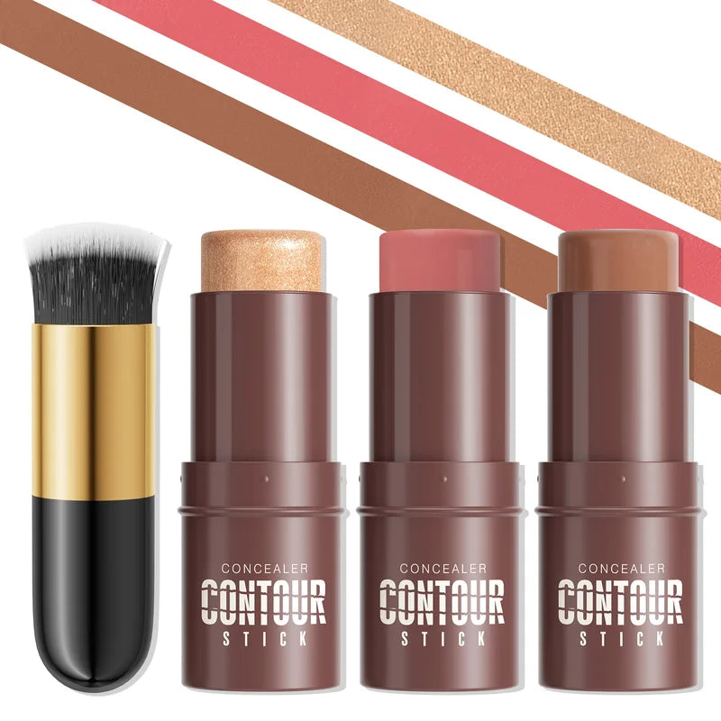 4-Piece Contour Stick Makeup Set with Highlighter Blush Bronzer & Golden Powder Brush - Waterproof Cream for All Skin Tones, Shimmery