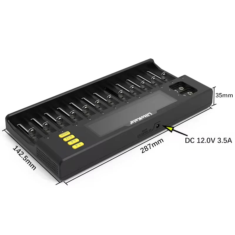 Universal 14-Slot Smart Battery Charger for Li-ion, Ni-MH, LiFePO4, 9V Batteries