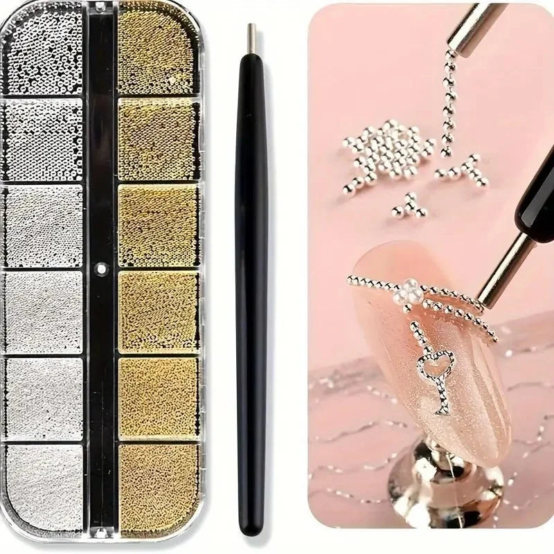 Mini Caviar Beads Nail Art Decorations Metal Micro Ball Set - Gold & Silver