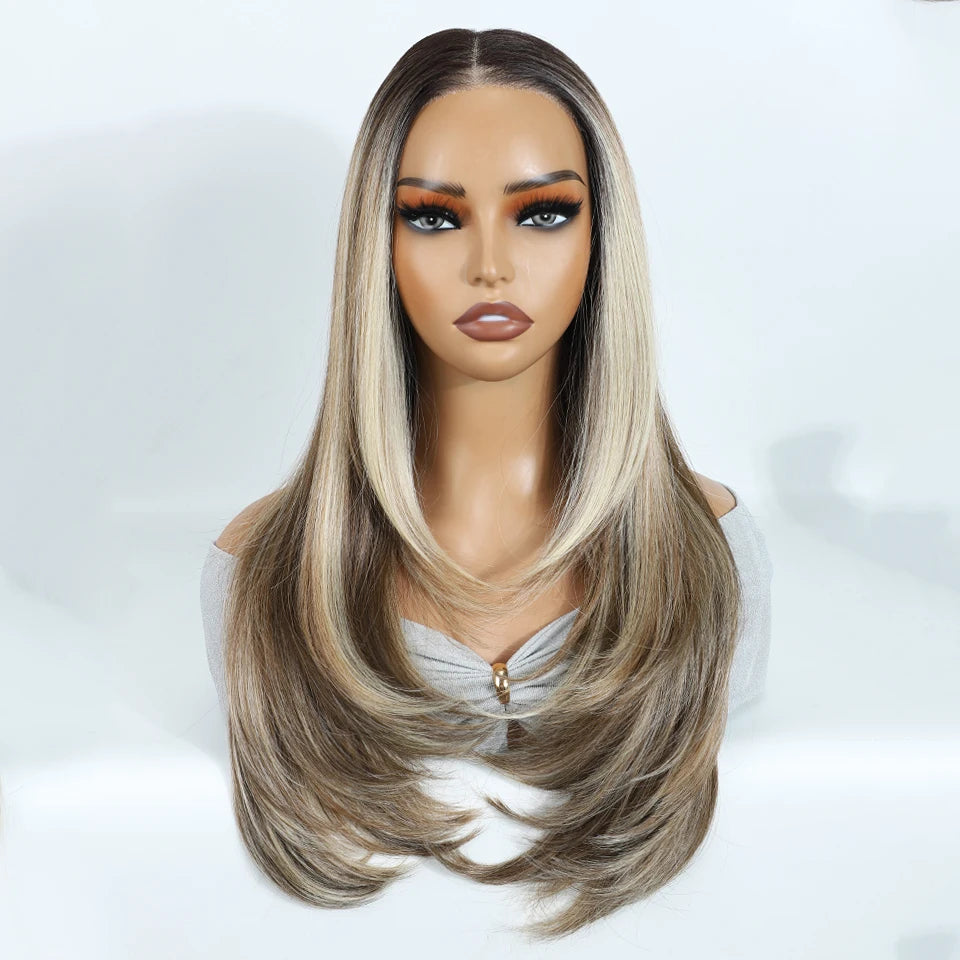 Layered Straight Synthetic Lace Front Wig for Black Women - Glueless Ombre Brown T-Part & 6x4 Pre-Plucked Style
