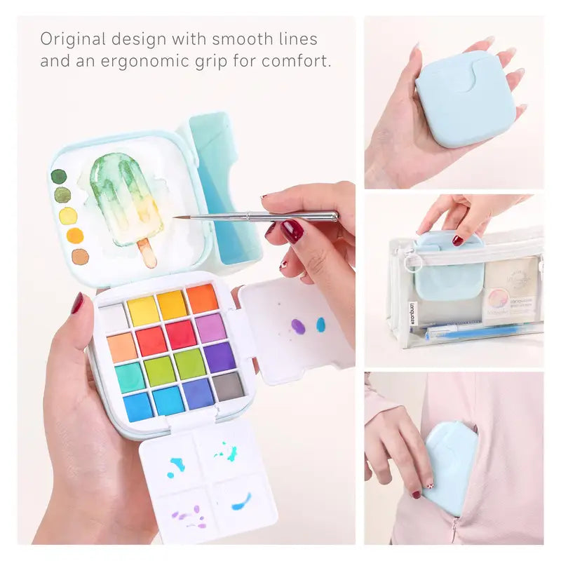 16-Color Portable Watercolor Paint Set with Travel Brush & Palette