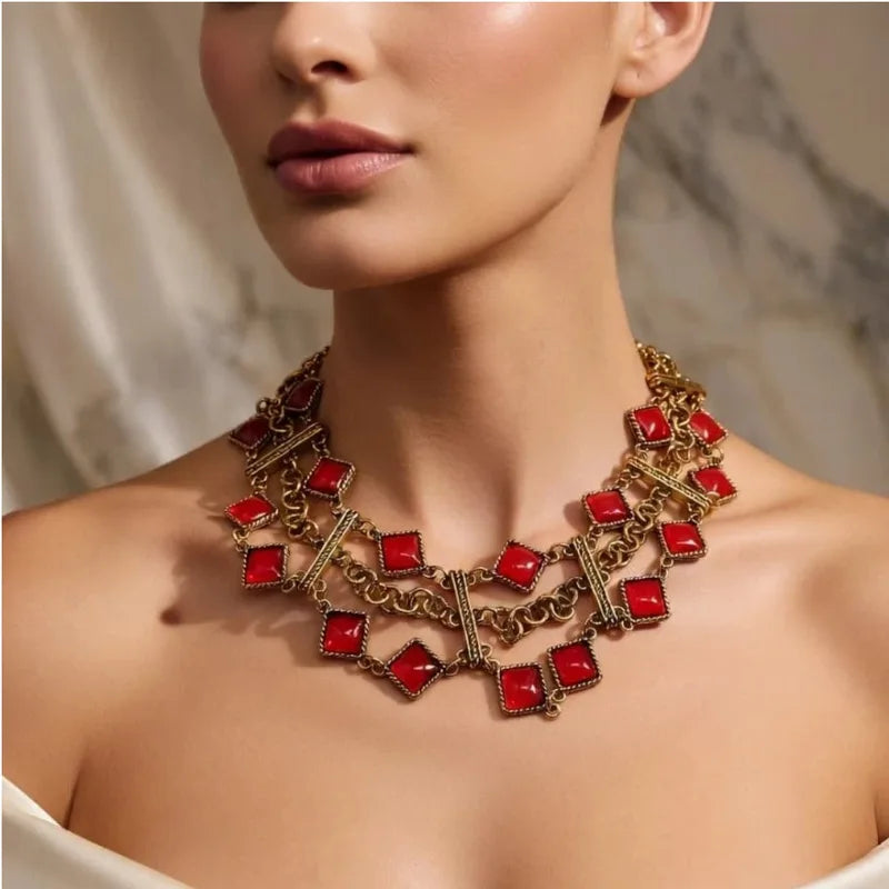 Red Multi-Layer Short Necklace Holiday Jewelry 0308