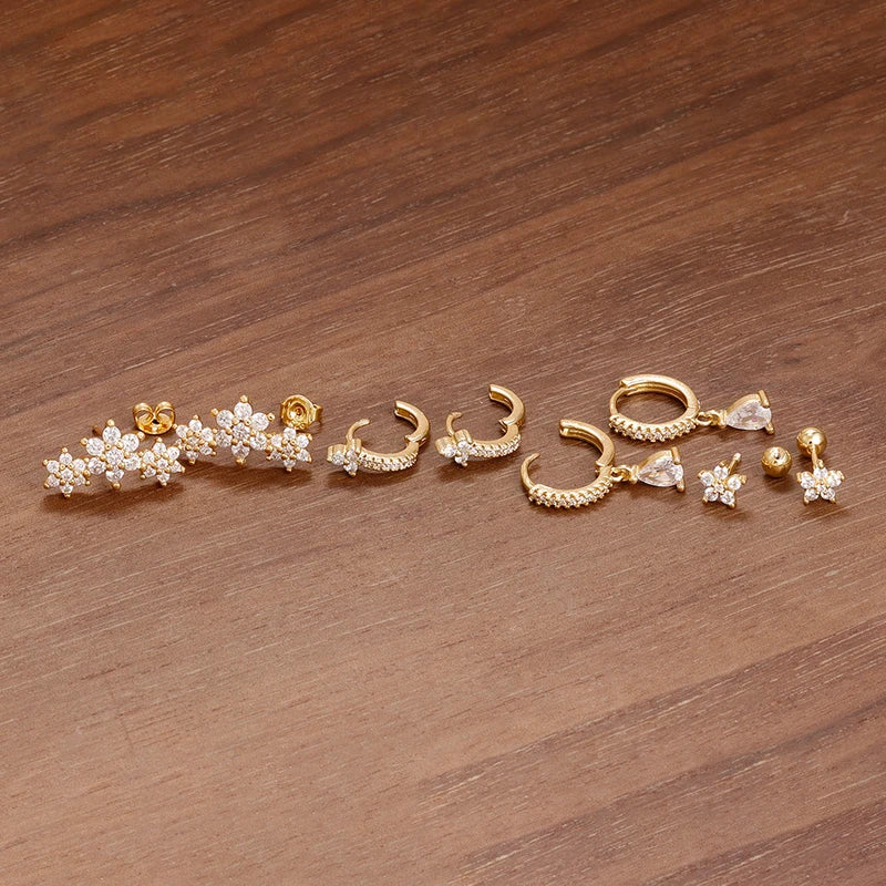 8PCS Stainless Steel Hoop Earrings Set for Women Crystal Flower Geometric Zircon Gold Plated Jewelry