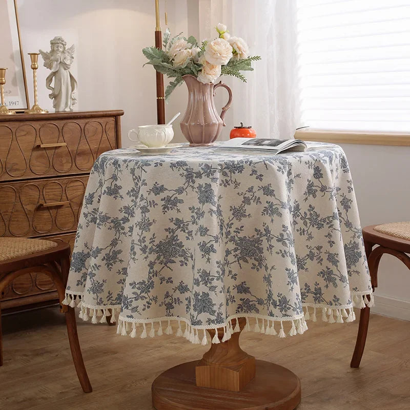Floral Linen Cotton Round Tablecloth - Rustic Farmhouse Picnic Decor