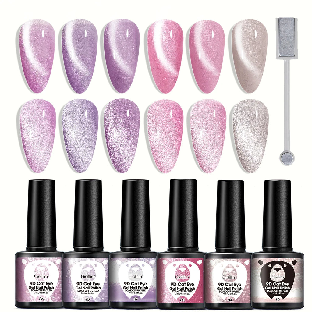 6-Piece Crystal Cat Eye Gel Nail Polish Set with Magnets - Color-Changing & Long-Lasting