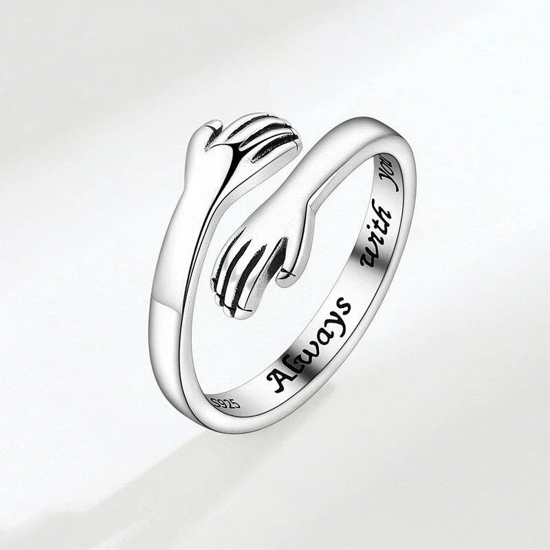 Vintage Silver Love Hugging Hands Couple Ring Adjustable Open Cuff Jewelry