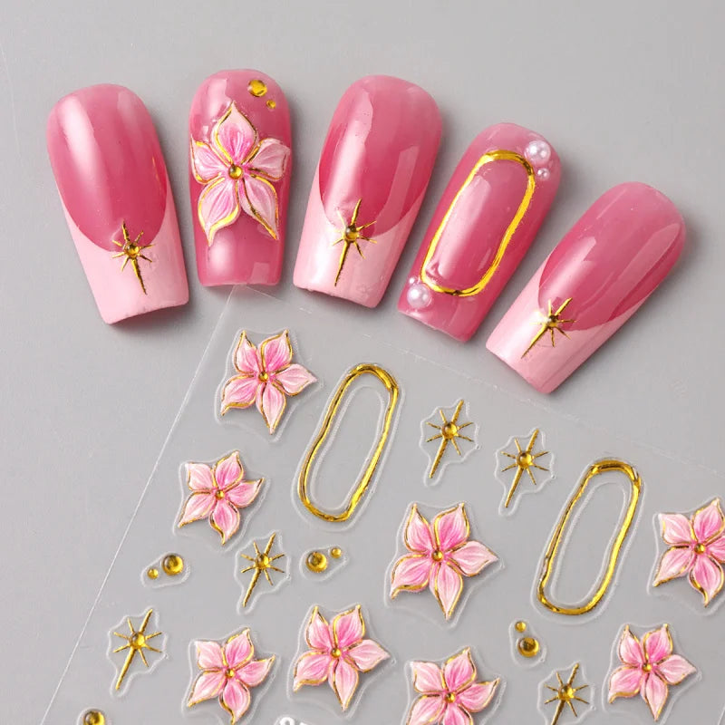 5D Floral Embossed Nail Stickers with Hibiscus Flowers & Star Frames for Spring & Summer Nail Art