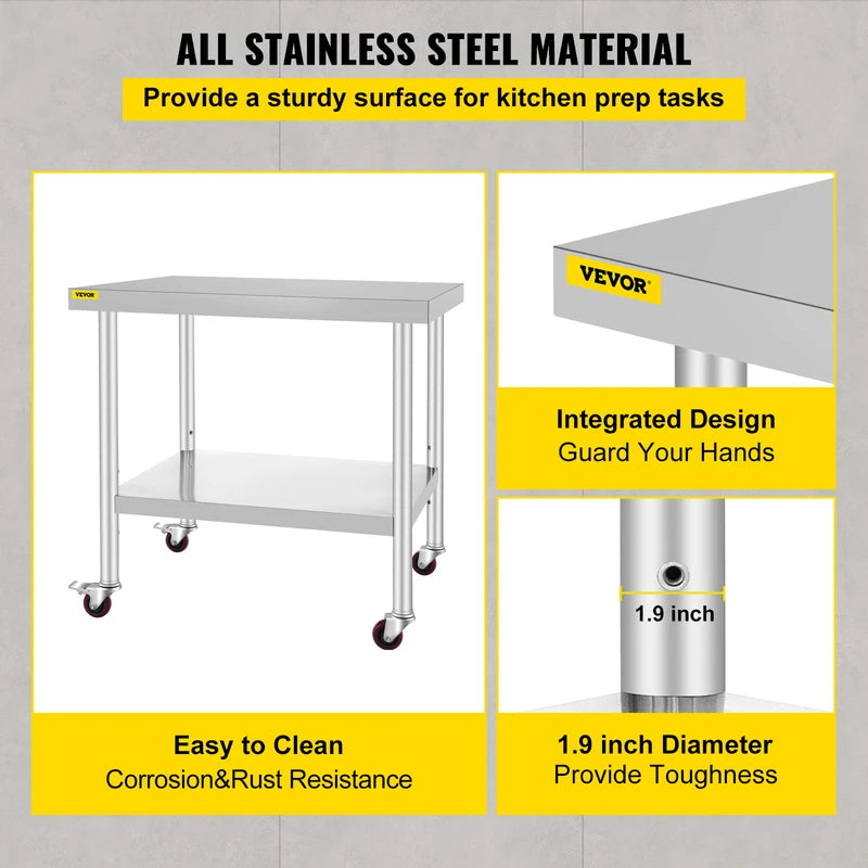 Stainless Steel Kitchen Prep Table with Casters and Backsplash - Load Capacity 100-300kg