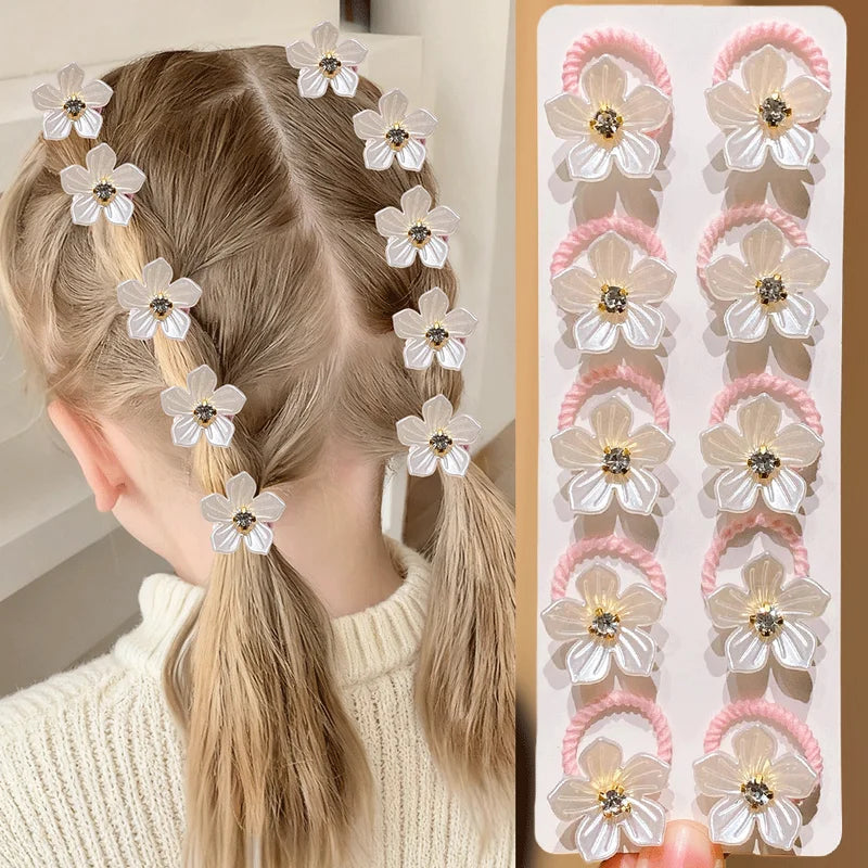 Girls Elastic Hair Bands with Rhinestone and Flower Decorations - Durable & High Elasticity Hair Ties for Braid and Ponytail