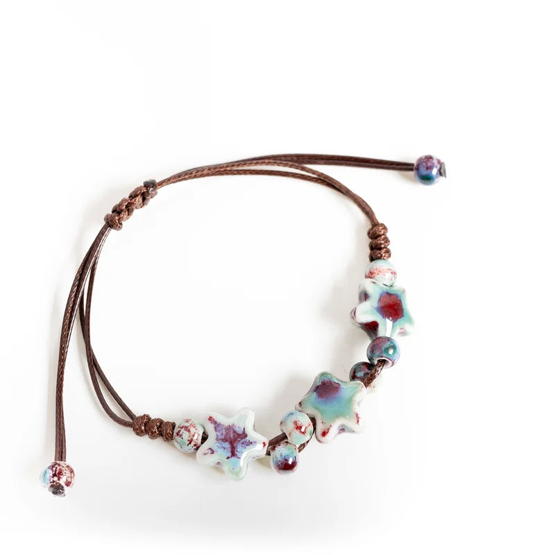 Adjustable Ceramic Bracelet with Star Beads - Handmade Dainty Jewelry