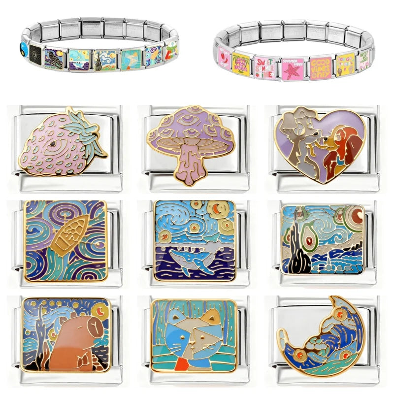 Colorful Cat Strawberry Mushroom Wings Charm Bracelet - Stainless Steel DIY Jewelry Making