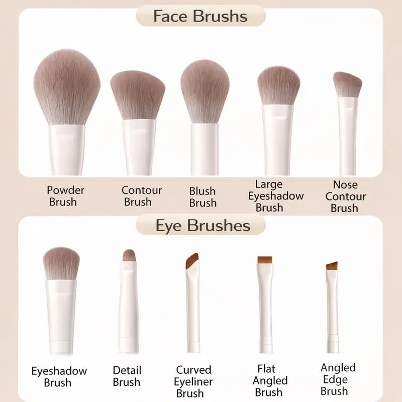 10-Piece Makeup Brush Set with Nylon Bristles - Foundation, Blush, Eye, Powder