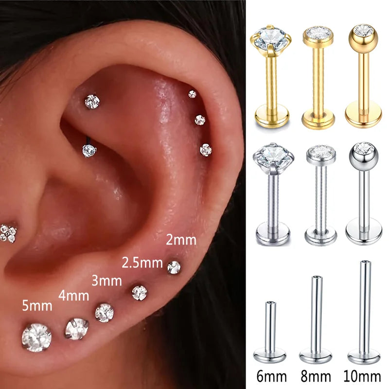 Titanium Labret Piercing Stud Earrings with Zircon 2-5mm Body Jewelry