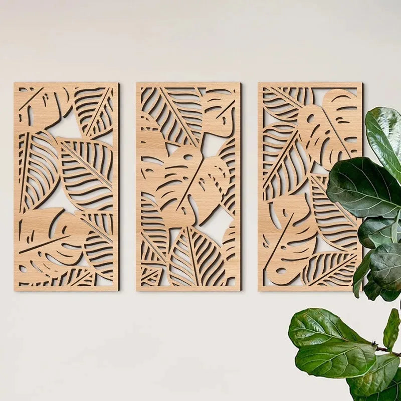 Boho Wooden Wall Art Set - Carved Abstract Plant Decor for Living Room & Bedroom