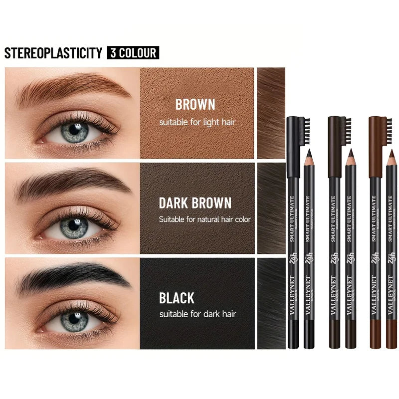 Wooden Eyebrow Pencils with Brush - Waterproof, Long-Lasting, Matte Finish, Multiple Colors