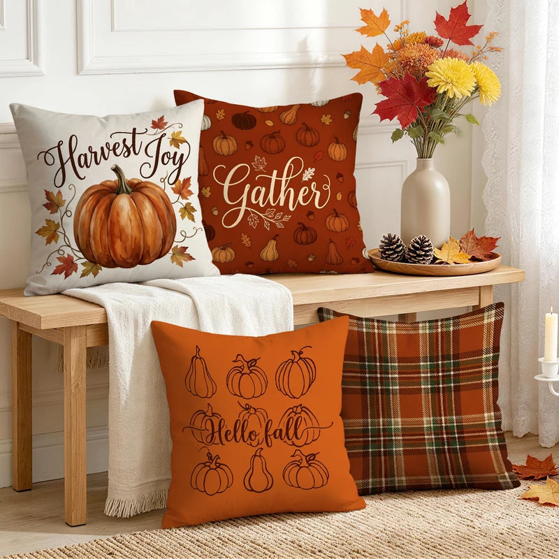 Warm Orange Plaid Harvest Pumpkin Cushion Cover - 45x45cm Polyester Decor Pillowcase