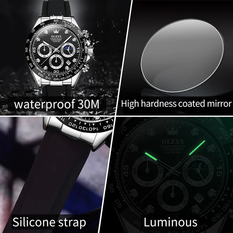 Men's Waterproof Quartz Sport Watch with Luminous Dial and Moon Phase