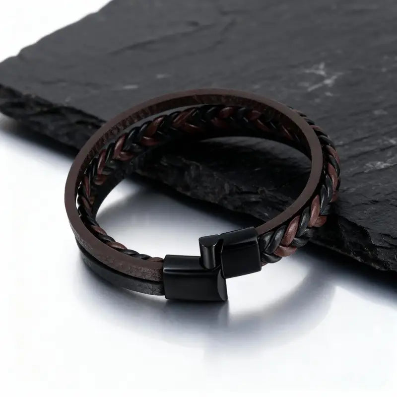 Multi Layer Braided Rope Bracelets for Men - Handmade Leather Wristband with Magnetic Buckle, Trendy Punk Jewelry Gift