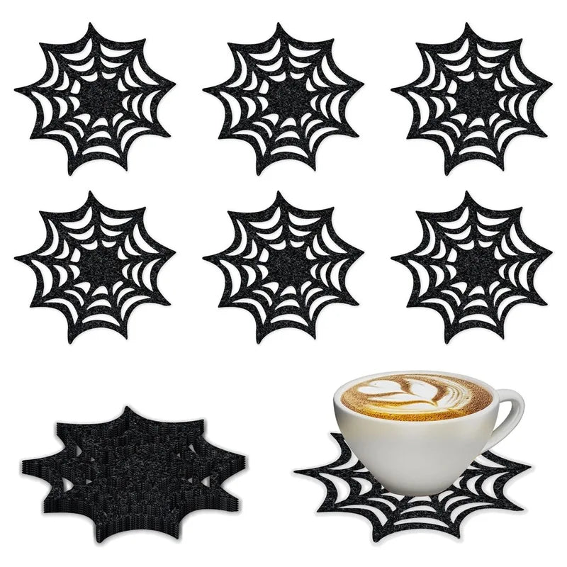 6Pcs Halloween Spider Web Coasters Black Non-Woven Party Decorations