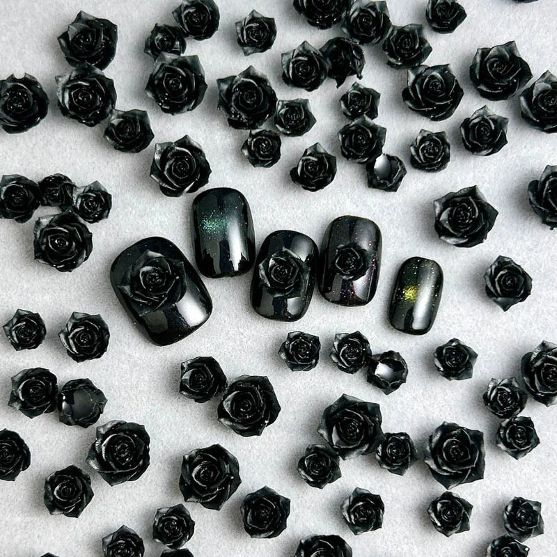 30PCS 3D Resin Black Rose Nail Art Decorations Minimalist Flower Charms for DIY Nails & Hairpins