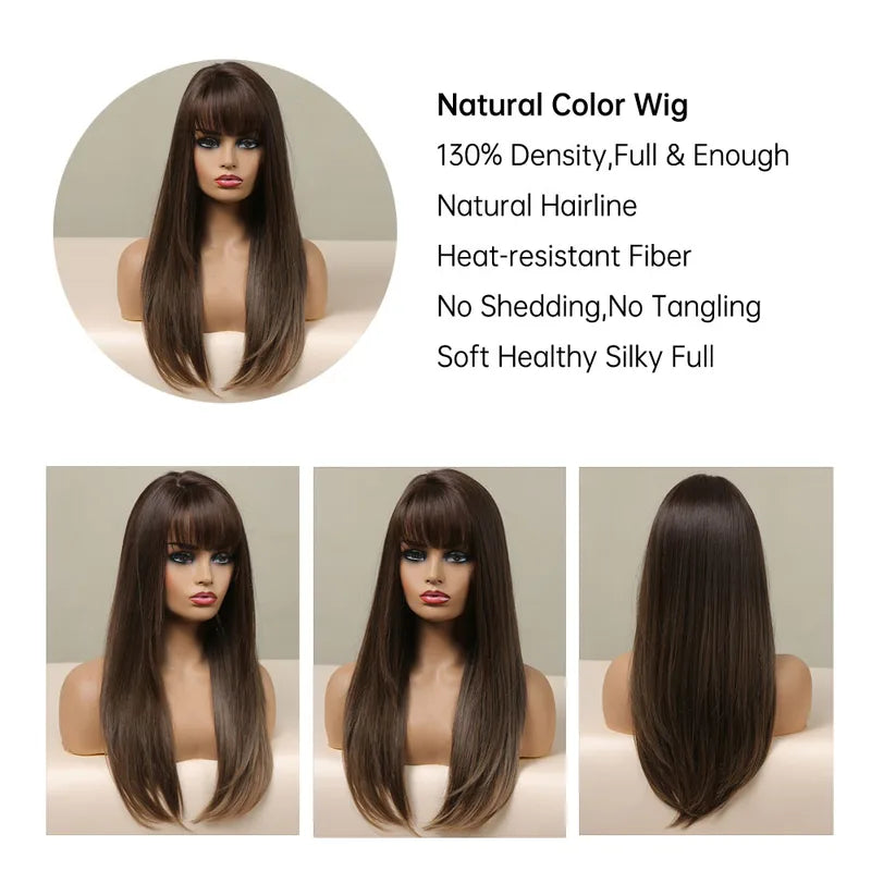 Long Straight Synthetic Wig with Ombre Dark Brown Bangs for Women - Heat Resistant, Daily Wear & Cosplay