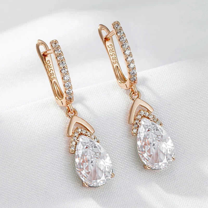 Elegant Long Drop Earrings with Zircon Stones in Rose Gold - Wedding & Bridal Jewelry