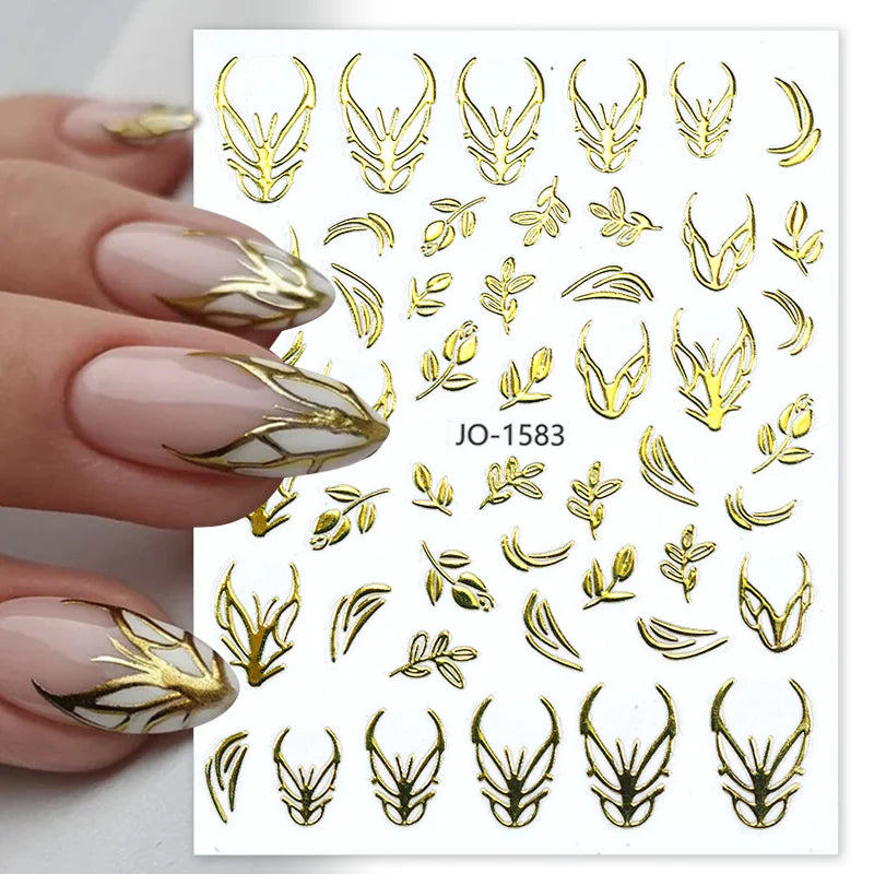 3D Nail Stickers Set with Gold Silver Geometric Floral Designs for Nail Art