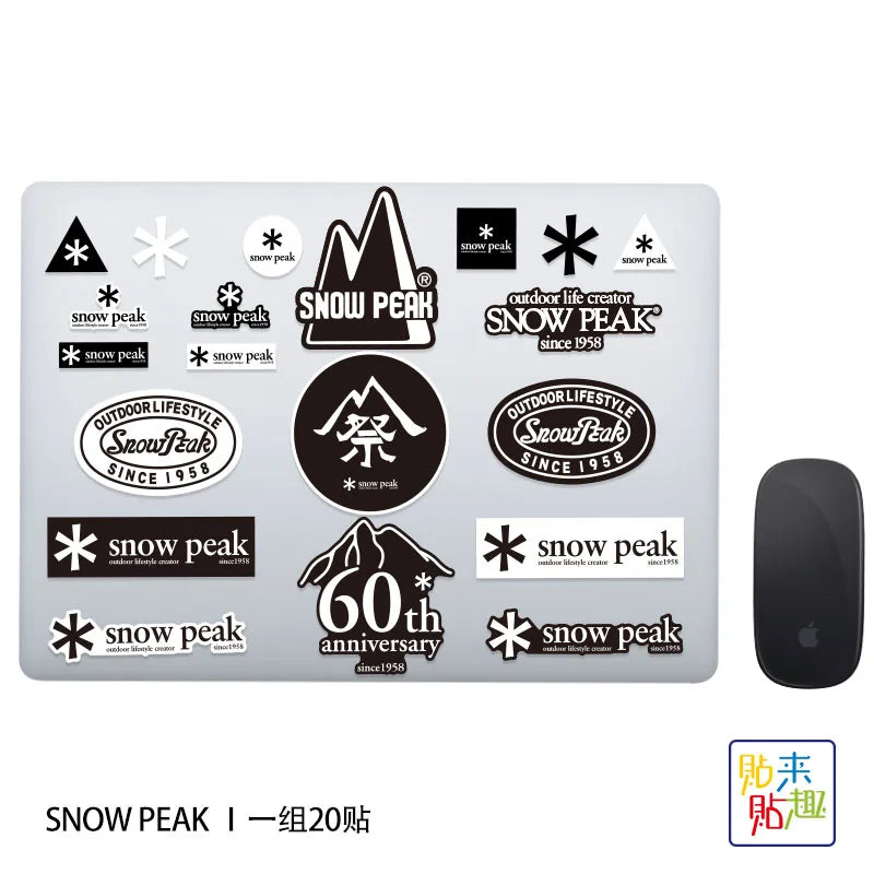 20pcs Waterproof Outdoor Camping Snowboard Sticker Set - Snow Peak Mountaineering & Motorcycle Designs