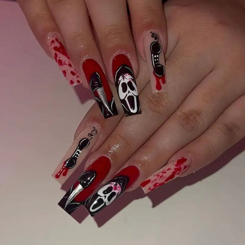 Halloween Long Press-On Nail Tips - Zombie Bride Ghost Pumpkin Print Reusable Fake Nails