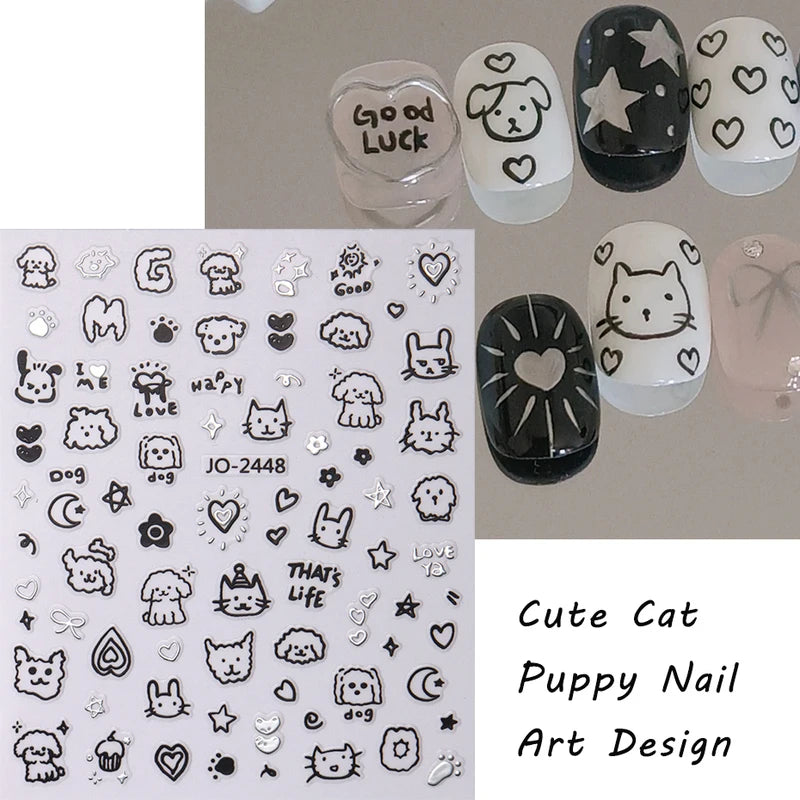 2Pcs Cartoon Cat Nail Stickers Holographic Love Heart Star Sliders for Manicure Decor
