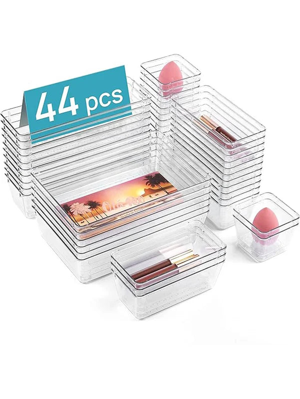 44-Piece Drawer Storage Box Set with Dividers - Transparent Plastic Organizer