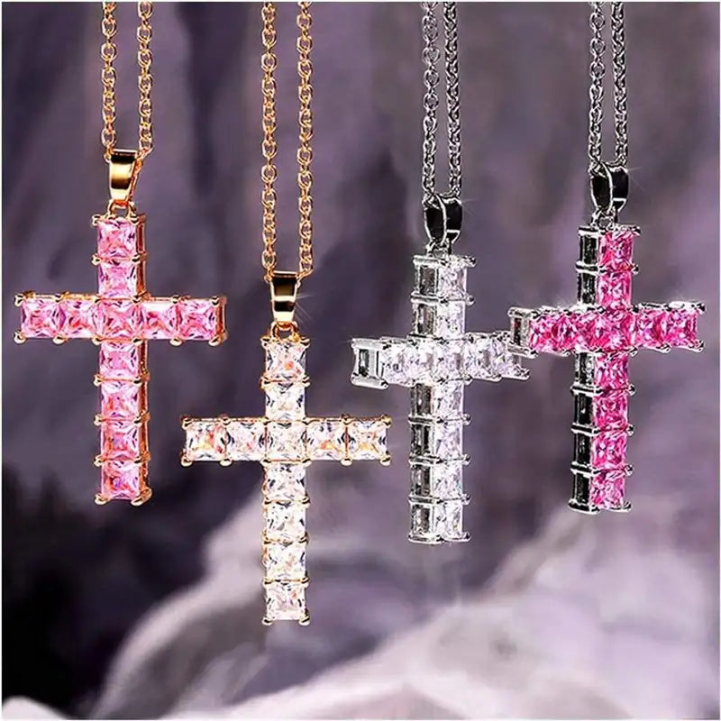 Fashion Cross Pendant Necklace for Women - Multi-Color Crystal Jewelry