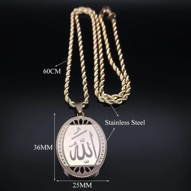 Islamic Quran Allah Stainless Steel Necklace for Men - Gold Chain Jewelry Statement Pendant