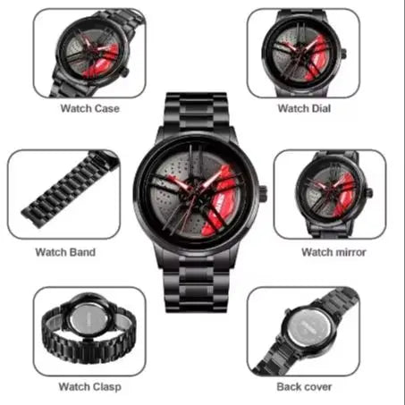 Men's Quartz Watch with Rotating Car Wheel Dial Waterproof Sports Racing Style