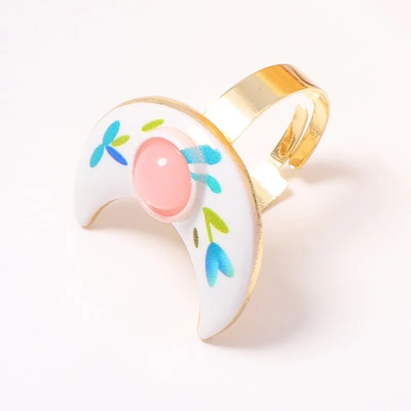 Retro Bohemian Floral Enamel Adjustable Ring Set - Heart Square Round Jewelry