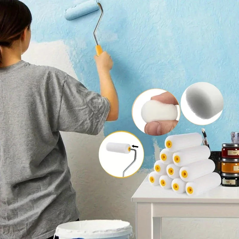 Mini Foam Paint Rollers Set - Durable 10PCS 100mm White Sponge Roller Covers for Painting & Decorating
