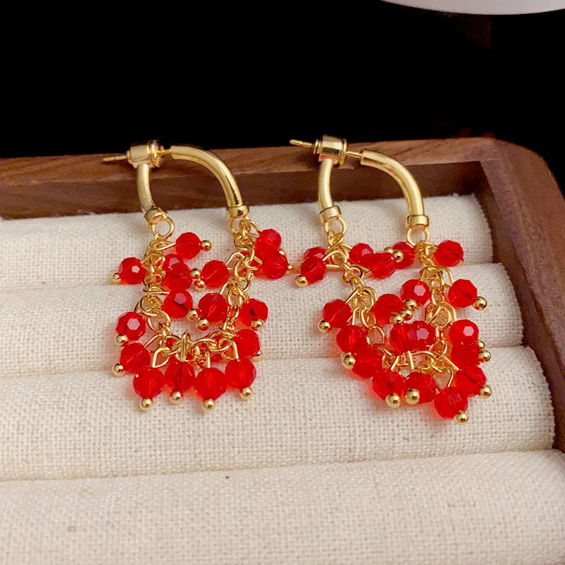 Light Luxury Red Crystal Beaded Pendant Earrings for Women - Unique Jewelry
